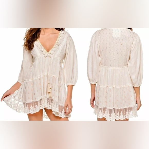 Z&L Tassels Lace Trim Tiered Airy-Cotton Mini Dress Ivory Gold  Large NWT - Picture 1 of 11